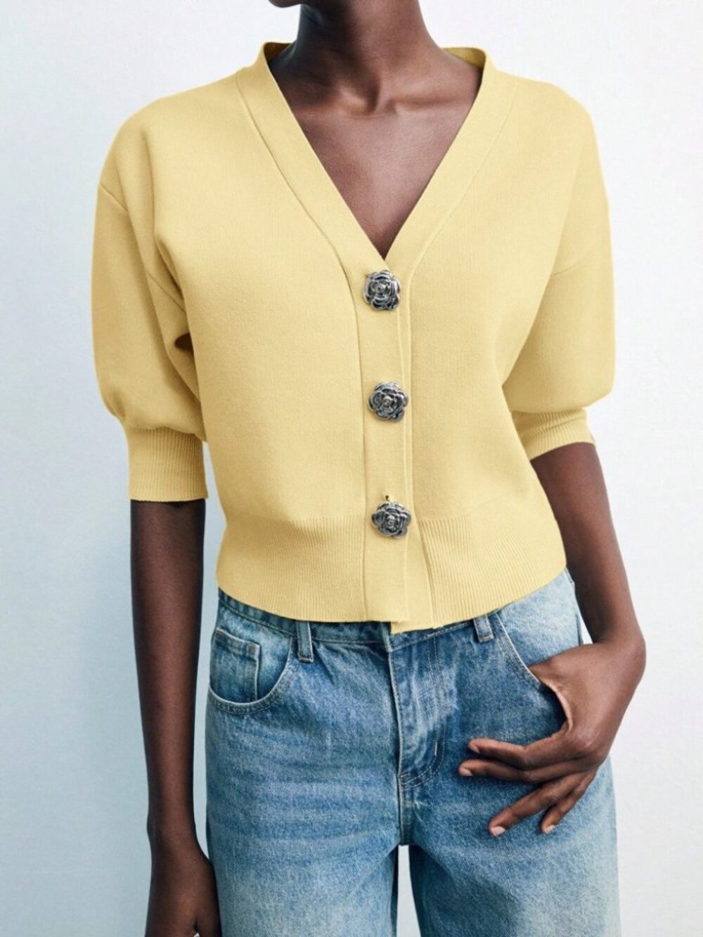 Butter Yellow Ribbed Knit Cardigan with Silver Buttons